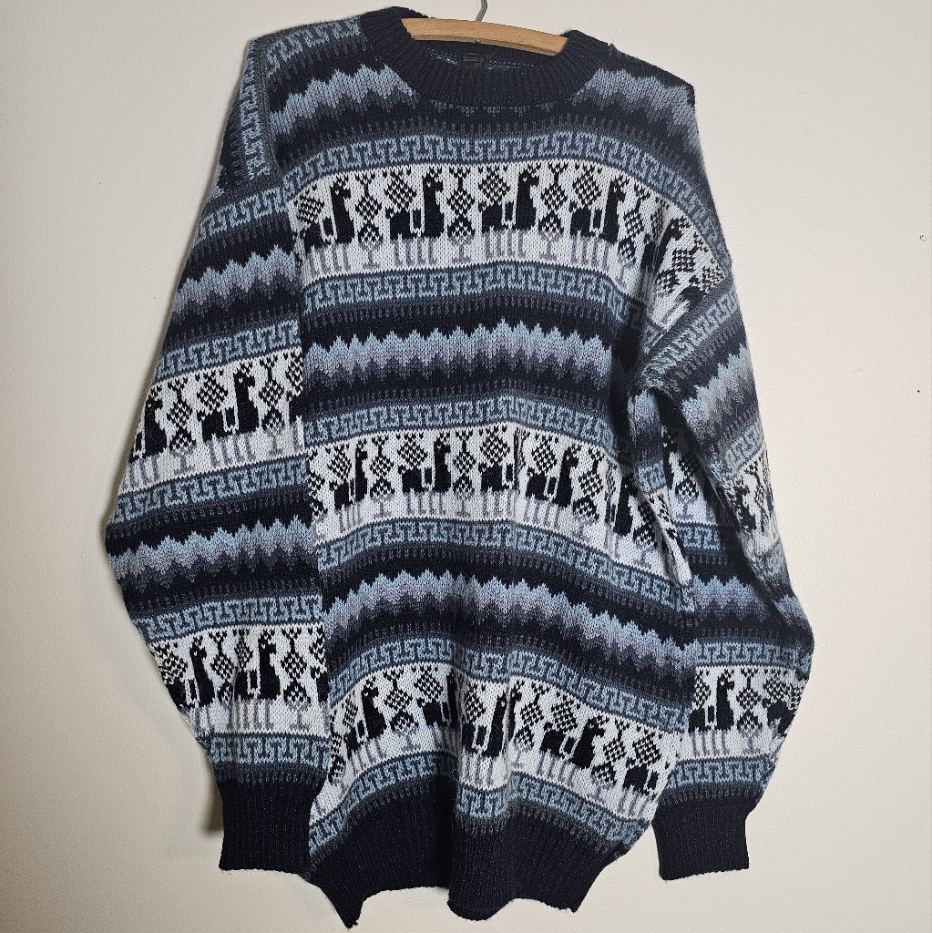 Vintage Arcohi's 100% Alpaca Wool Sweater Peruvian Fair Isle Blue Unisex